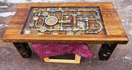 Steampunk wooden table with built-in clock work